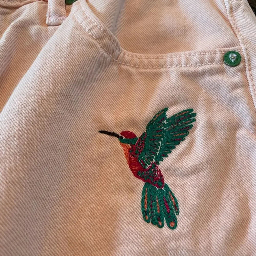 Sandrine Rose Light Pink Embroidered Denim Mini Skirt Hummingbird Size 28